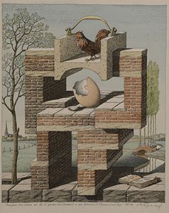 Draagbare archi-tektuur met het Ei (gebroken door Colombus) in een romantisch Vlaams landschap