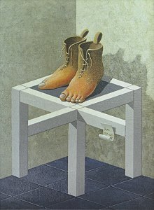 De antropomorfe schoenen van Magritte op een tafel van JdM