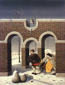 Bruegelkoers met rekwisieten van Magritte in een decor van Jos de Mey (Breughelcourse with requisitions of Magritte)