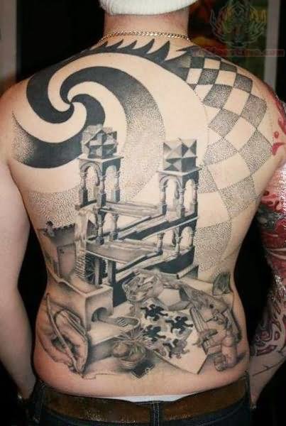 M.C. Escher poster tattoo on back