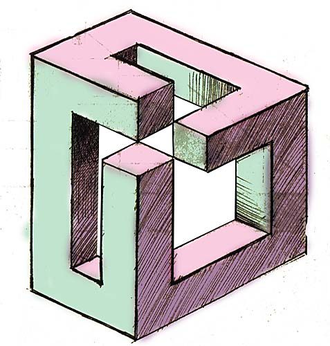 Девять кубов. Невозможный треугольник, состоявший из девяти кубиков. Псевдо треугольник.