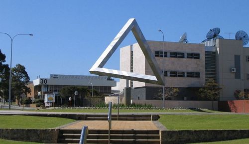 Frontal view of impossible triangle sculpture in Perth